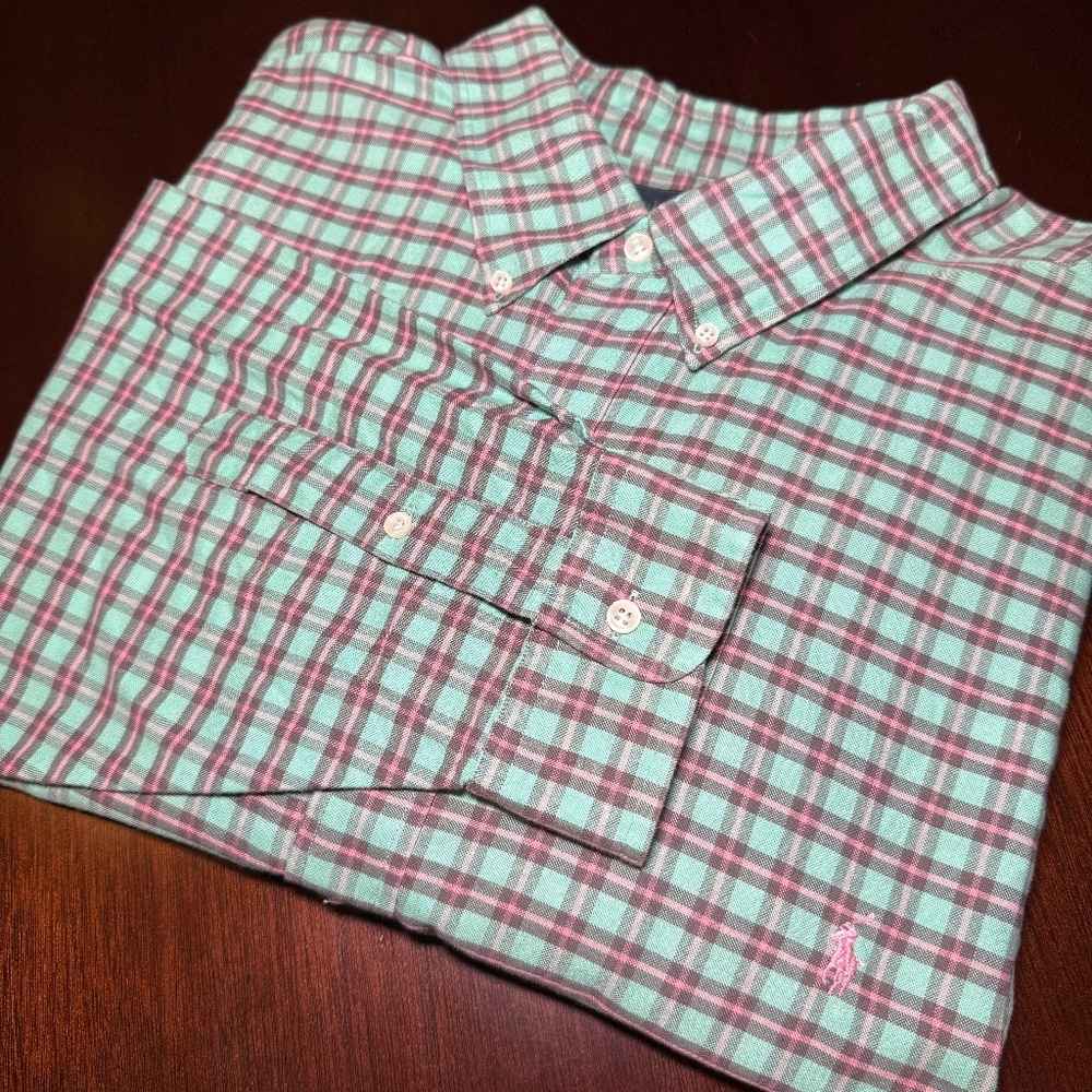 VTG Polo Ralph Lauren Button Oxford Mint Pink Pony Plaid 4XB Cotton Classic Big